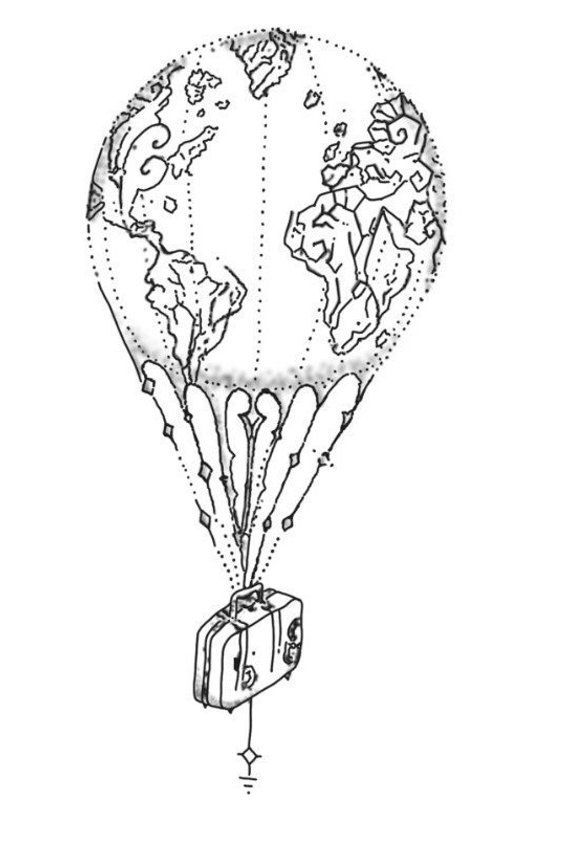 a drawing of a hot air balloon with the earth on it's back and sides