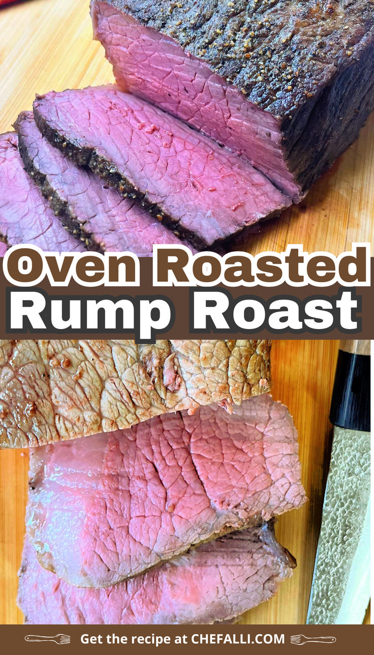 Sliced oven roasted rump roast on a cutting board. Oven Roasted Tri Tip, Tritip Recipes, Tri Tip Steak Recipes, Rump Roast, Roast In The Oven, Roasted Beef, Dry Rub Recipes, Roast Beef Recipes, Rub Recipes