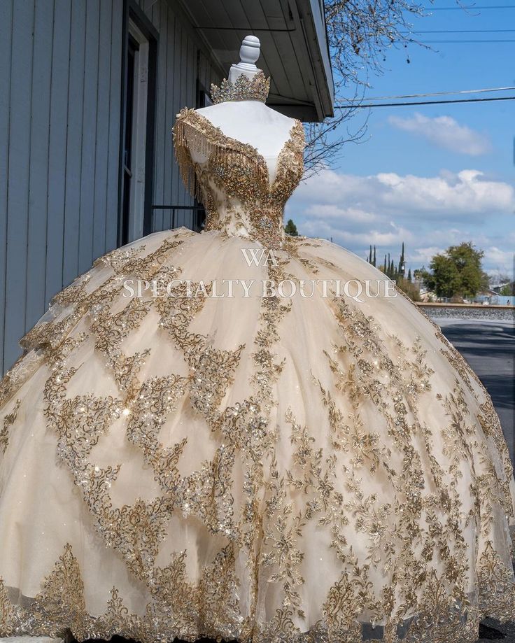 Gold And White 15 Dress Mexican, Venues For Quinceanera, Champagne Gold Quinceanera Dresses, Gold Quince Theme, White And Gold Quince Dress, Champagne Quinceanera Theme, Gold Quinceanera Theme, Gold Quince Dress, Gold Quinceanera Dresses