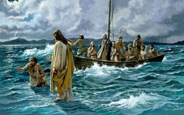 jesus walking on the water with his boat full of people