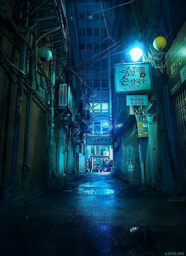 an alleyway at night with neon lights and signs on the buildings, in asia