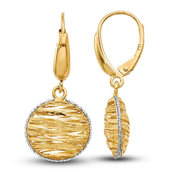 Dynamic bands of textured yellow gold are haloed by diamond-cut white rhodium halo trim in these exciting women's dangle earrings. Fashioned in 14K yellow gold, the earrings secure in place with leverbacks. Modern Yellow Gold Earrings With Halo Design, Gold Dangle Hoop Earrings With Halo Design, Gold Halo Design Dangle Jewelry, Gold Dangle Jewelry With Halo Design, Yellow Gold Halo Design Dangle Diamond Earrings, Yellow Gold Halo Drop Earrings, Gold Diamond Dangle Earrings With Halo Design, Gold Halo Design Diamond Drop Earrings, Gold Halo Design Fine Jewelry Earrings