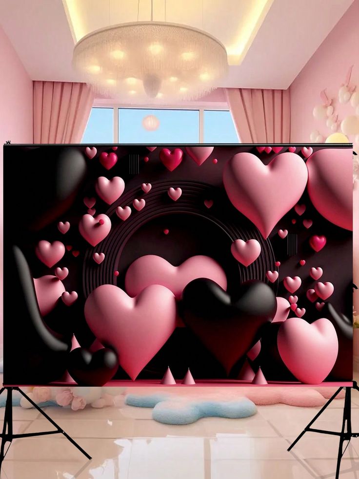 a large screen with pink and black hearts on it in front of a white ceiling