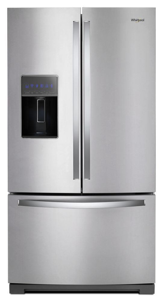 a stainless steel refrigerator freezer with water dispenser on the front and bottom