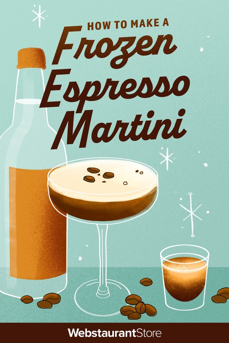 an advertisement for frozen espresso martini on a blue background with coffee beans around it