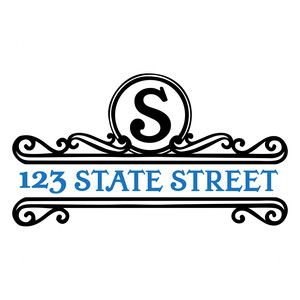 the state street logo is shown in blue and black on a white background with an ornate border