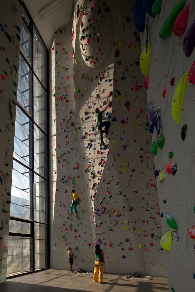 two children climbing up the side of a rock wall in an indoor climbing area with large windows