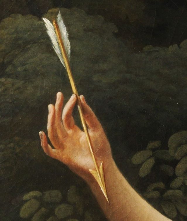 a painting of a hand holding a feather