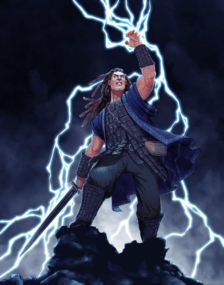 an image of a man with lightning in the background