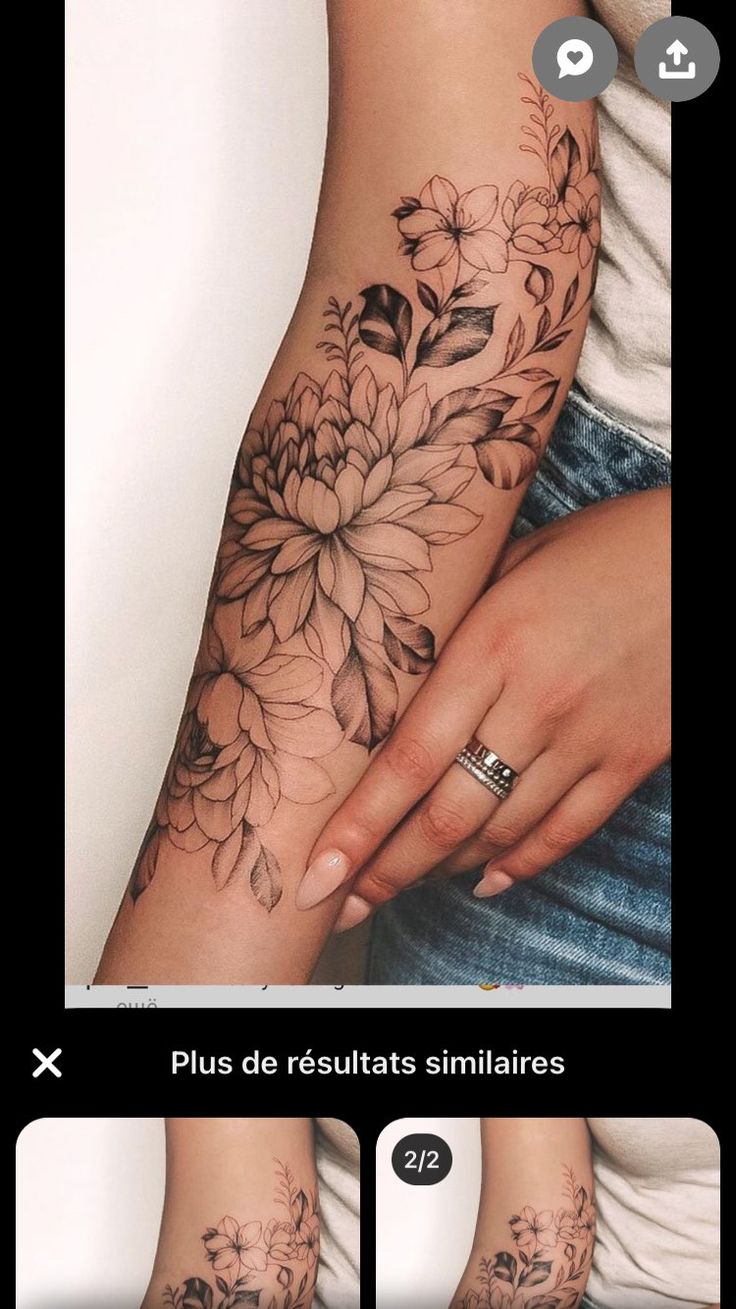 a woman's arm with flowers on it and the words, plus desultats similar