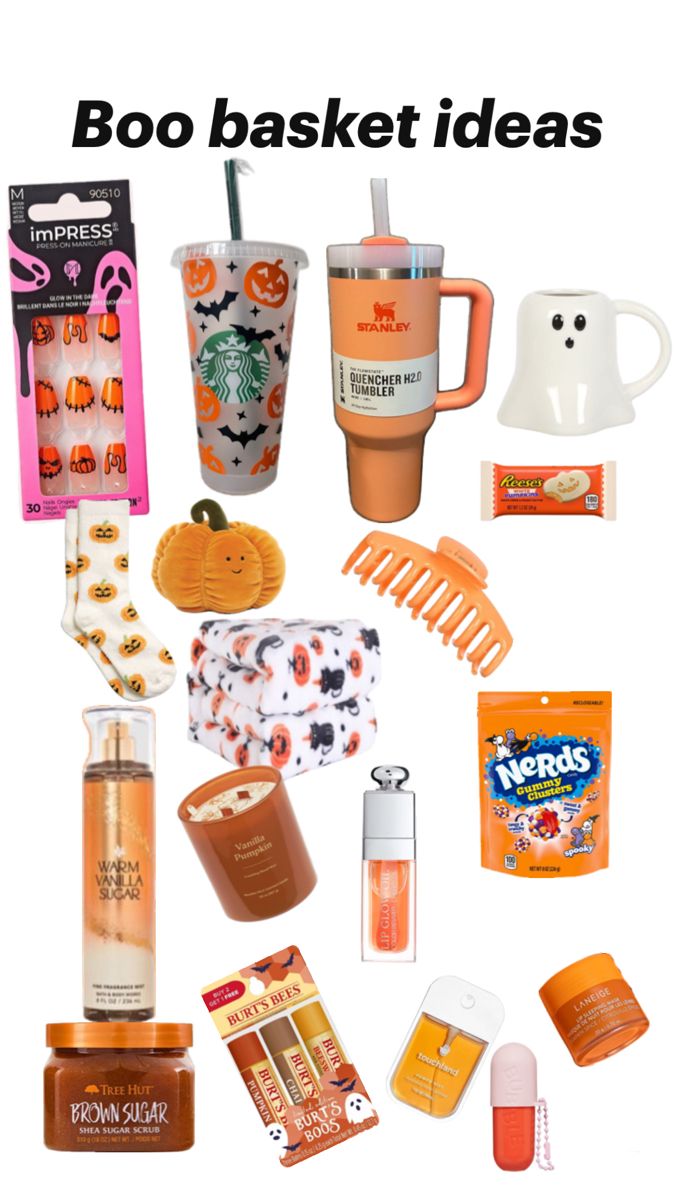 there are many different items that can be found in the basket for halloween treats and drinks