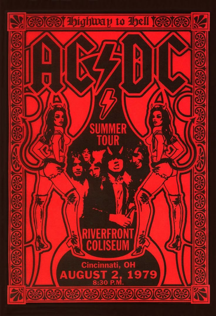 the poster for ac dc's summer tour in concert at riverfront auditorium on august 2, 1971