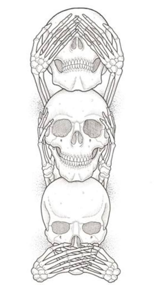 three skulls stacked on top of each other with one skull in the middle and two bones below