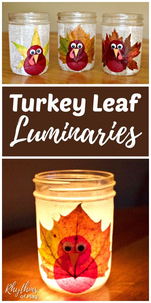 three mason jars with turkey leaf luminaries painted on them and the words turkey leaf lu