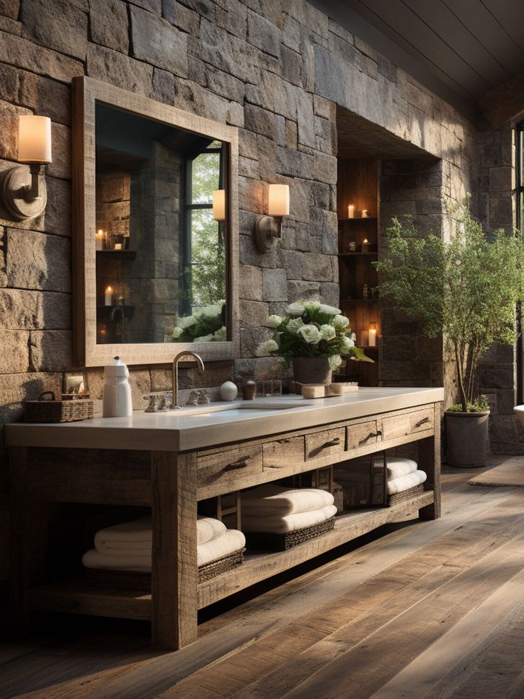 a rustic bathroom with stone walls and wood flooring is seen in this image from the front view