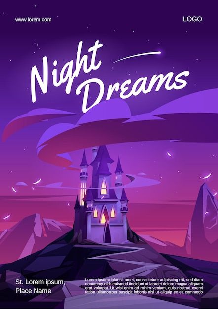 a purple poster with a castle on top of it and the words night dreams written in white