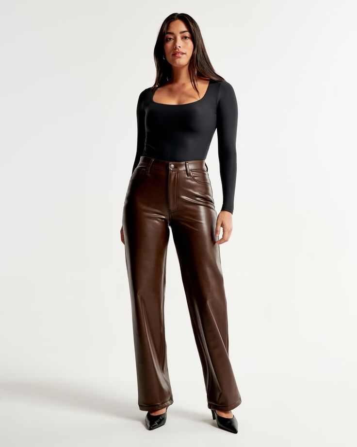 Women's Curve Love Vegan Leather 90s Relaxed Pant | Women's Bottoms | Abercrombie.com Brown Leather Pants Outfit, Denver Trip, Pant Outfits For Women, Formal Chic, Brown Leather Pants, 90s Fits, Leather Pants Outfit, Relax Pants, Women's Bottoms