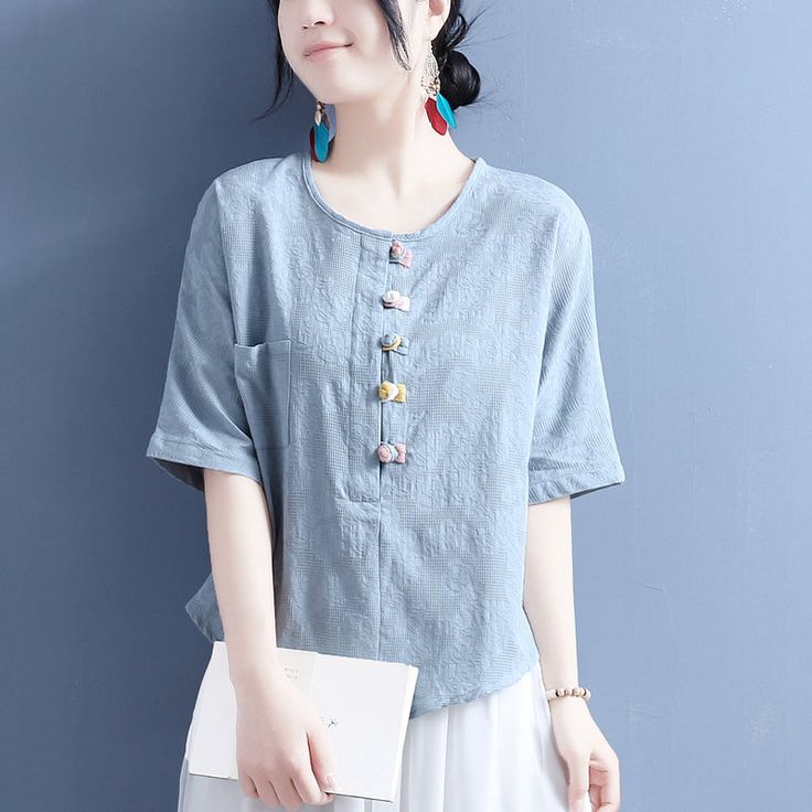 Summer Retro Buttons Cotton Linen T-Shirt Casual Light Blue T-shirt For Summer, Trendy Spring T-shirt With Buttons, Short Sleeve Tops With Buttons For Summer, Blue Half-sleeve Summer Tops, Blue Crew Neck Blouse For Summer, Cotton Crew Neck Blouse With Buttons, Casual Blue Half Sleeve Shirt, Relaxed Fit Half Sleeve Top With Buttons, Relaxed Fit Half-sleeve Tops With Buttons