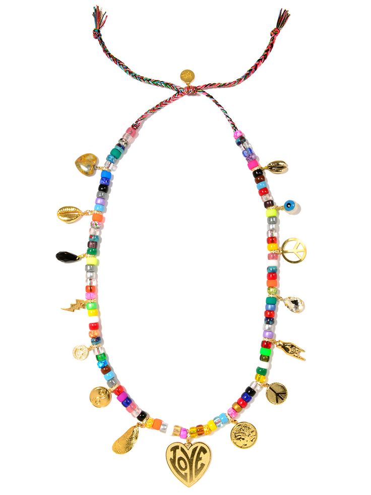 Look bold and beautiful with the Big Love Necklace. Featuring adjustable rainbow threadwork, rainbow glass charms, and dazzling pave rhinestone accents, this statement piece will show off your love of sparkle and rainbow vibes. Get ready to show off your unique style with this fabulously fun mixed-media necklace. 33" Adjustable rainbow threadwork Drawstring closure Gold plated brass hardware Glass charms Pave rhinestone charms Crystal rhinestones Ceramic charms Handmade in New York City and Puer Multicolor Adjustable Charm Necklaces, Adjustable Multicolor Charm Necklace, Adjustable Multicolor Beaded Charm Necklaces, Adjustable Multicolor Charm Necklaces With Colorful Beads, Party Multicolor Charms Necklaces, Ceramic Charms, Mixed Media Necklace, Rainbow Glass, Glass Charms