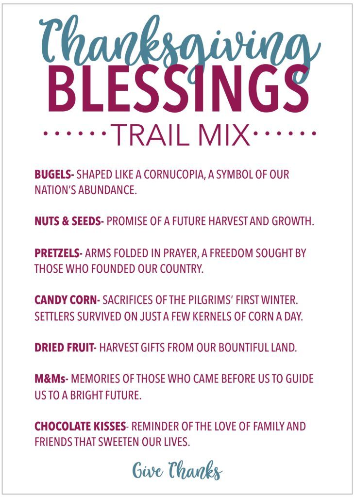 thanksgiving blessing card with the words,'thanksgiving blessings trail mix'in red and blue