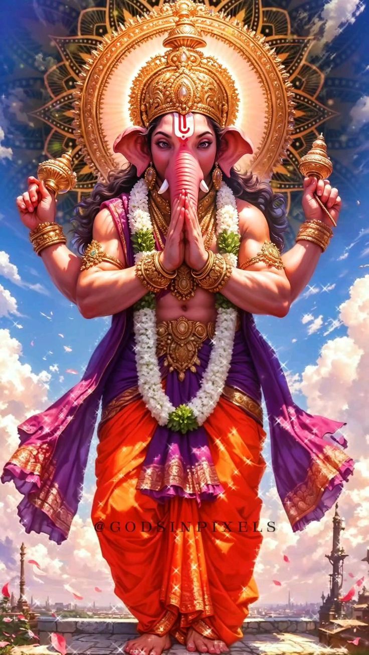 an image of lord ganesha with his hands in the air and clouds behind him