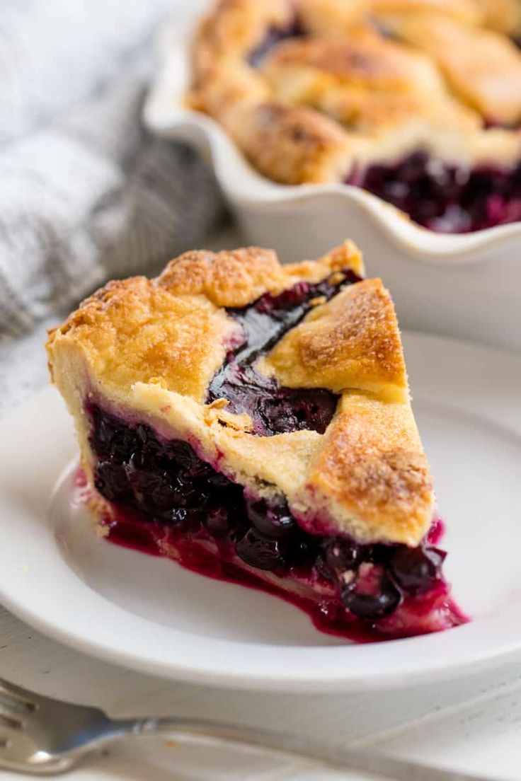 a slice of blueberry pie on a white plate