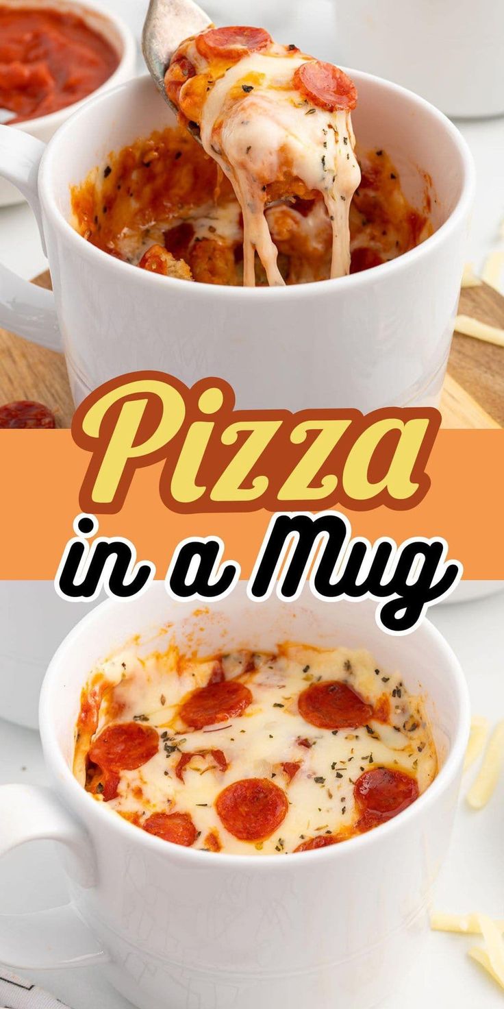 there is a bowl of pizza in a mug with the words pizza in a mug above it