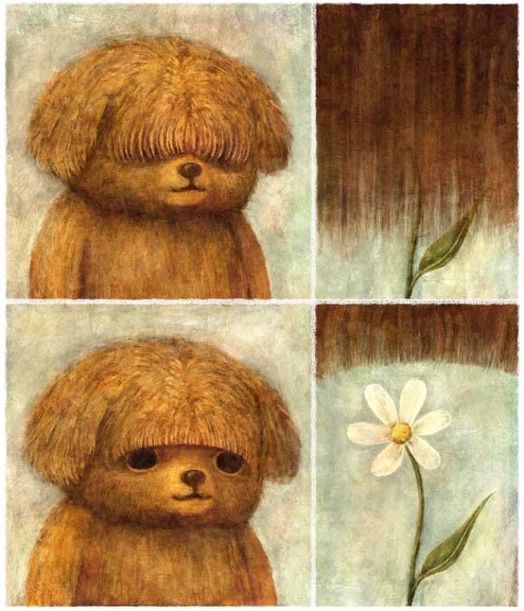 four different pictures of a teddy bear with a flower in it's mouth and the bottom one is brown