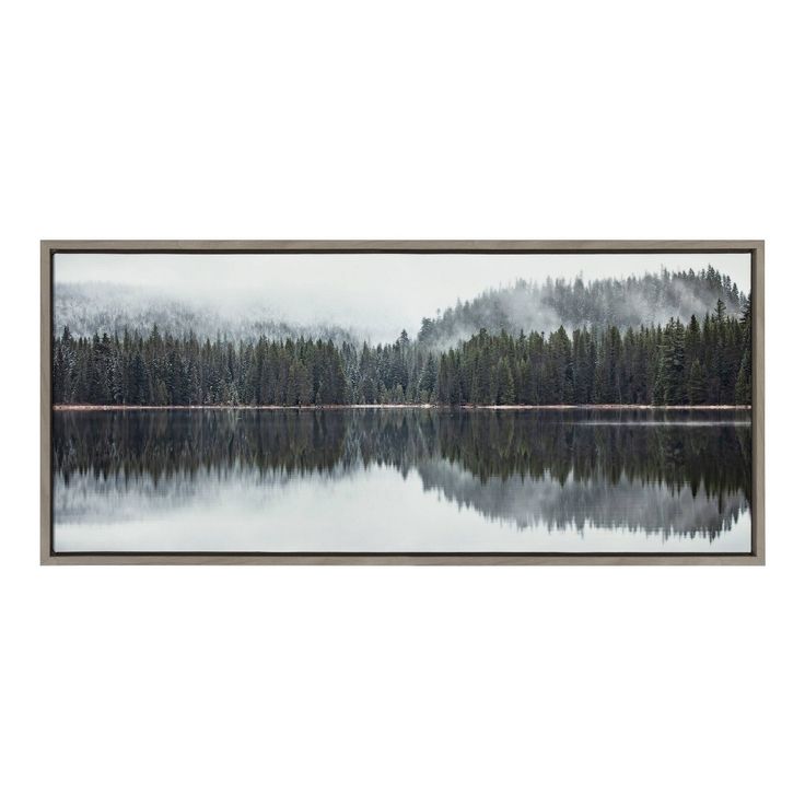 a lake surrounded by trees with fog in the air and water reflecting it's reflection