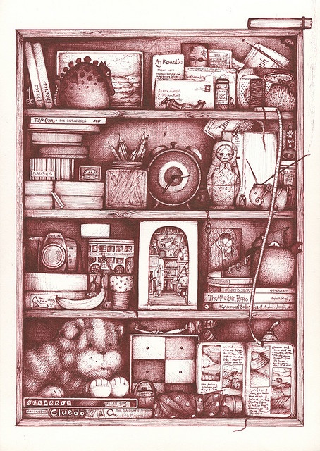 a drawing of a shelf filled with books and other items