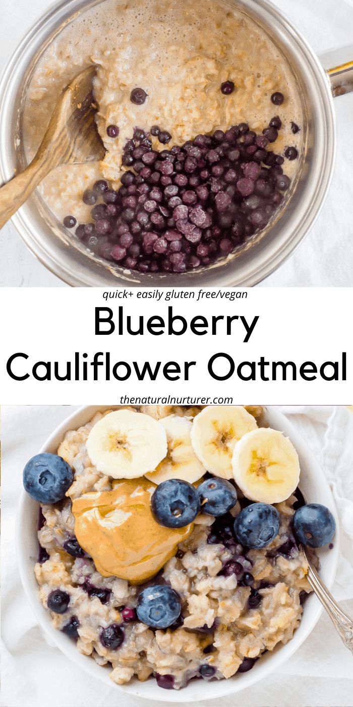 blueberry cauliflower oatmeal in a bowl with bananas and blueberries