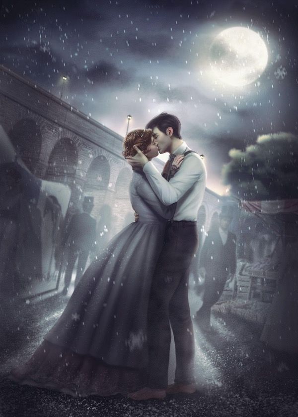 a man and woman kissing in the rain under a full moon filled sky with stars