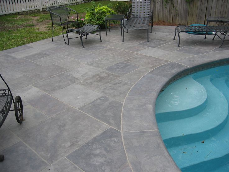 a backyard with a pool and patio furniture