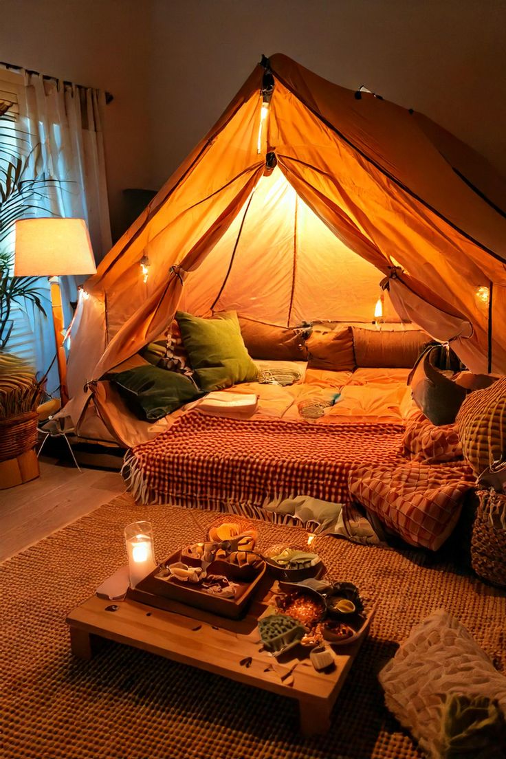 Looking for unique at-home date ideas? Try indoor camping! We've compiled a list of romantic ideas to transform your living room into a dreamy campsite. Click for our top picks of date night games and activities to keep the spark alive. Camping Inside The House, Camp Date Night Romantic, Camping Indoors Kids, Date Night Home Ideas, Romantic Date Night Aesthetic, Romantic Camping For Two, Partner Dynamics, Indoor Date Ideas At Home, Dates Ideas Aesthetic