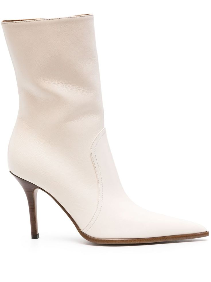 milk white calf leather panel detailing high stiletto heel pointed toe mid-calf length leather lining branded insole concealed side zip fastening Cream Pointed Toe Calf Leather Boots, Cream Pointed-toe Calf Leather Boots, White Calf Leather Heeled Boots With Pointed Toe, White Calf Leather High Heeled Boots, White High Heeled Calf Leather Boots, White Calf Leather Pointed Toe Boots, Chic White Calf Leather Heeled Boots, Classic White Pointed Toe Heeled Boots, Slouchy Suede Boots