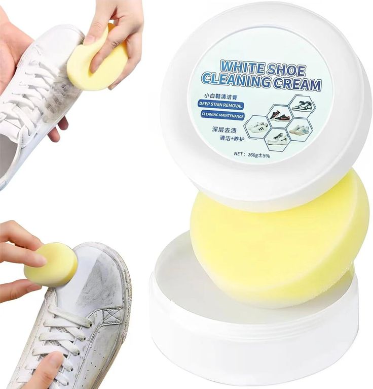 the shoe polisher is being used to clean off white shoes with yellow sponges