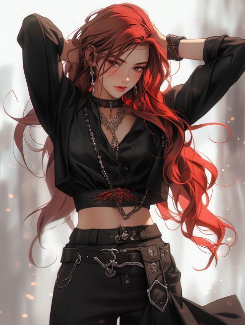 Red Haired Female Oc, Red Hair Character Design Female, Red Hair Female Oc, Redhead Oc Art, Badass Anime Female, Strong Anime Characters, Red Haired Woman Art, Red Anime Hair, Fantasy Red Hair