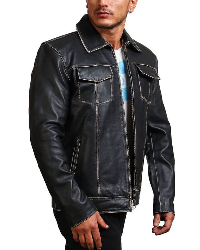 Men Vintage Distressed Trucker Black Leather Jacket Channel one of AlexGear's finest looks with a black trucker jacket. The epitome of timeless sophistication, this jacket is made for all our style fanatics who are seeking pieces that resonate with their personalities. Being both functional and stylish, this trucker jacket checks all boxes, whether that is versatility, comfort, or convenience. Crafted from genuine leather, it exudes a rich noir hue and features the best craftsmanship of our skil Fitted Rugged Leather Jacket For Streetwear, Classic Distressed Outerwear For Fall, Classic Distressed Long Sleeve Outerwear, Rugged Biker Jacket For Fall Streetwear, Fitted Black Distressed Outerwear, Black Biker Denim Jacket For Fall, Classic Black Denim Jacket, Rugged Long Sleeve Biker Jacket For Streetwear, Vintage Black Fitted Denim Jacket