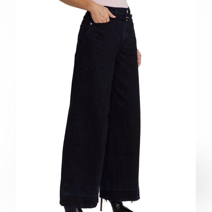 High Rise Palazzo Baggy Pants With Belt And Raw Hem Size:33 Black High Waist Denim Wide Leg Pants, High Waist Black Denim Wide Leg Pants, Black High Waist Wide Leg Denim Pants, Black Wide-leg Flare Jeans With Belt Loops, Black Wide Leg Flare Jeans With Belt Loops, Black Denim Wide-leg Pants, Black Wide-leg Denim Bottoms, Black Flare Jeans With Five Pockets For Work, Black Flare Jeans For Work With Belt Loops