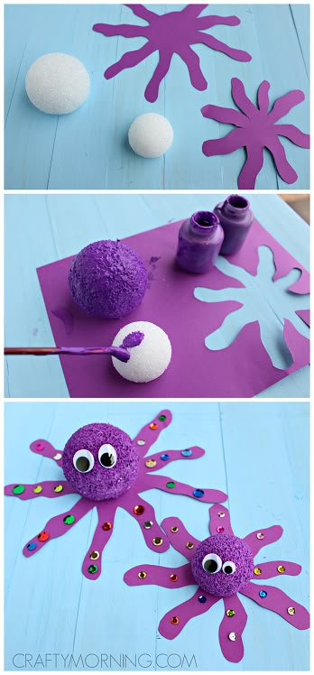 an octopus craft made out of purple paper and some white balls with googly eyes