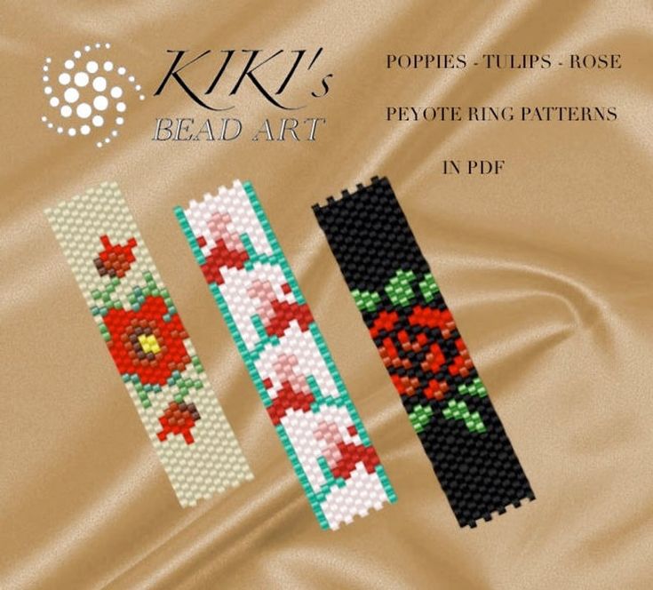 two cross - stitch bracelets with flowers on them and the words kiki's bead art