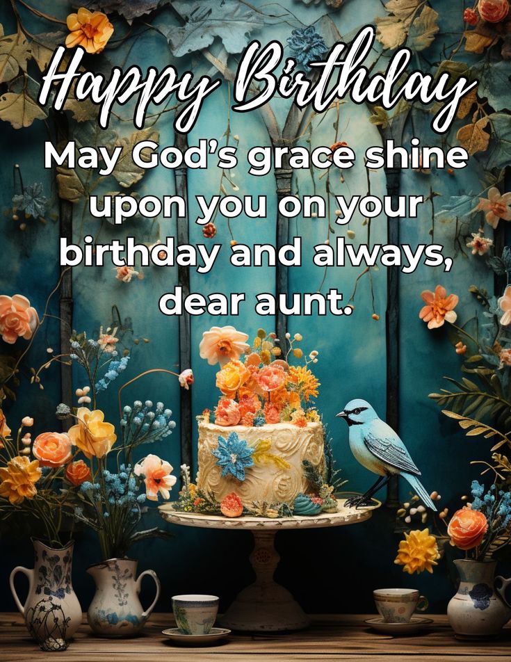 a birthday card with a cake on a table and flowers in front of it that says, happy birthday may god's grace shine upon you on your birthday and always, dear