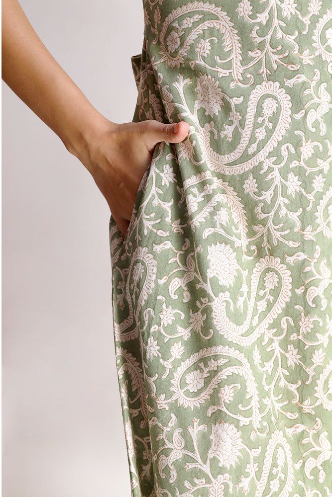 The Alicia shirt midi dress is a springtime staple. Crafted with care from cotton, its charming block print adds flair to its warm green shade. Featuring a collared design and front button closure, this jade short-sleeve maxi dress exudes casual elegance. With two handy pockets, it's as practical as it is stylish, making it perfect for effortless chic on sunny days.Material: Cambric - 100% cottonStyle/Print: Hand Block PrintNumber of Pockets: 2Length: 45 inchesOccasion: CasualColor: Jade Modest Green Spring Maxi Dress, Cotton Short Sleeve Maxi Dress For Daywear, Fitted Modest Cotton Maxi Dress, Cotton Short Sleeve Maxi Dress For Spring, Modest Cotton Maxi Dress, Cotton Knee-length Maxi Dress For Daywear, Green Relaxed Fit Maxi Dress With Short Sleeves, Green Maxi Dress For Daywear, Spring Block Print Dresses With Relaxed Fit