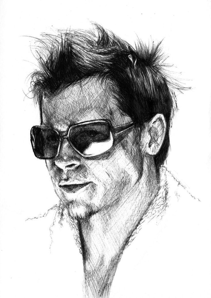 a drawing of a man with sunglasses on his face and hair in the wind,