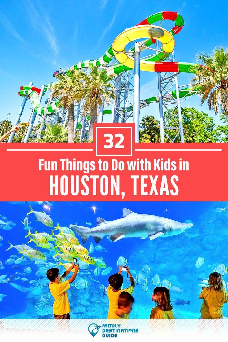 kids in yellow shirts are looking at an aquarium and the words, 32 fun things to do with kids in houston, texas