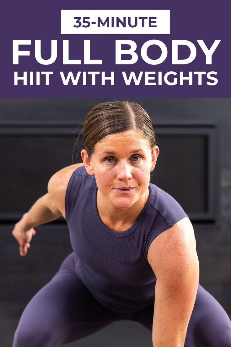 a woman doing squats with the words full body hit with weights in front of her