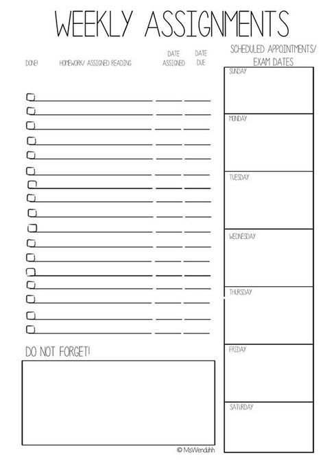 a printable weekly assignment planner with the words,'weekly assignment'on it