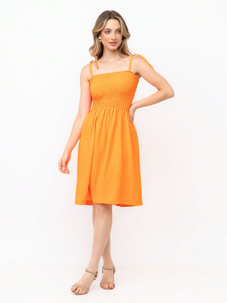 Laranja Casual Collar Sem Mangas   Suspensório Embellished Elasticidade Baixa Primavera / Verão / Outono Yellow Cotton Mini Dress With Spaghetti Straps, Summer Knee-length Orange Mini Dress, Casual Orange Sleeveless Knee-length Dress, Casual Orange Knee-length Sleeveless Dress, Sleeveless Orange Cotton Mini Dress, Women Midi, Womens Midi Dresses, Dress P, Women Clothing