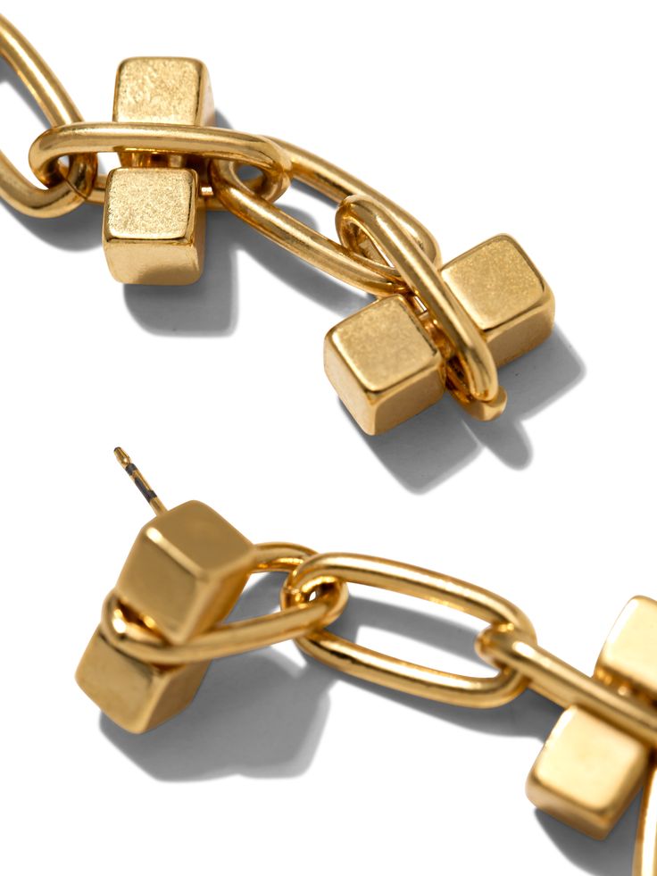 Throw it with these 18K Gold Plated Brass link chain dangle earrings of 3 cube-capped pegs. What's special? In every-other chain link, a small moving cube-capped peg tosses back & forth in that link, giving this chain real personality. Available by pre-order in our signature Platinum to Silver looking White-Bronze plate. Chain Length: 2". Each weighs 1/2 oz or 15g. Jewelry Companies, Jewelry Plate, Walk On, Chain Lengths, Link Chain, Chain Length, Online Jewelry, Chain Link, Post Earrings