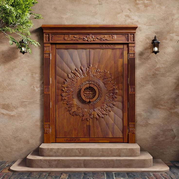 an ornate wooden door in front of a stone wall with potted plants on it